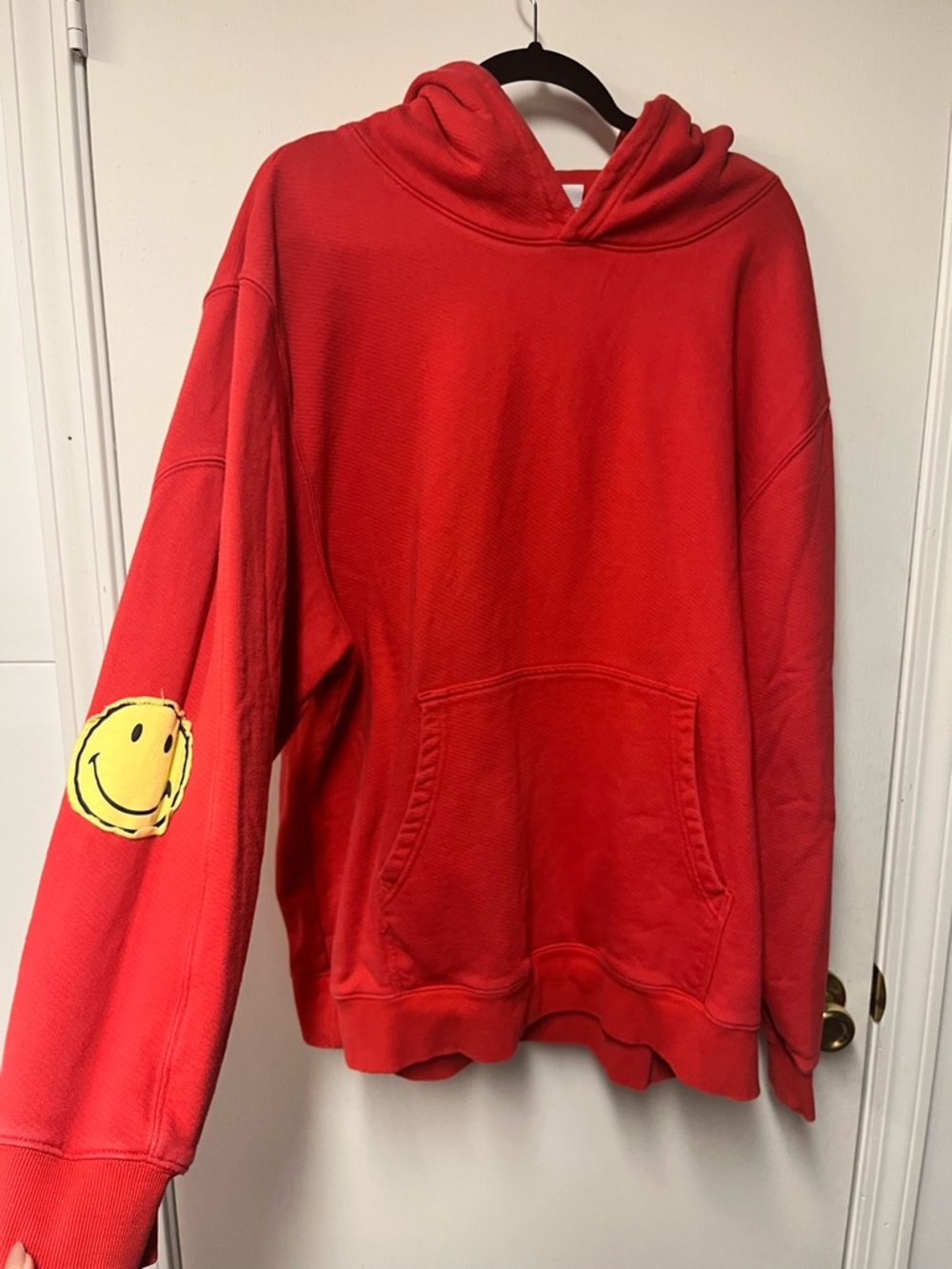 Red Women's Hooded Sweatshirt with Smiley Patch
